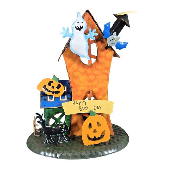 Halloween Haunted House Tealight Candle Holder Set of 2 Metal Ghost Pumpkin - Picture 7 of 12